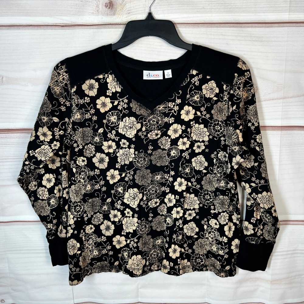 Denim & Co Top Womens 1X Black Beige Floral Cotton T-Shirt Ribbed Knit Slim Fit